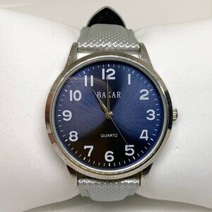 Bakar watch quartz blue dial silver tone 40mm gray leather band running
